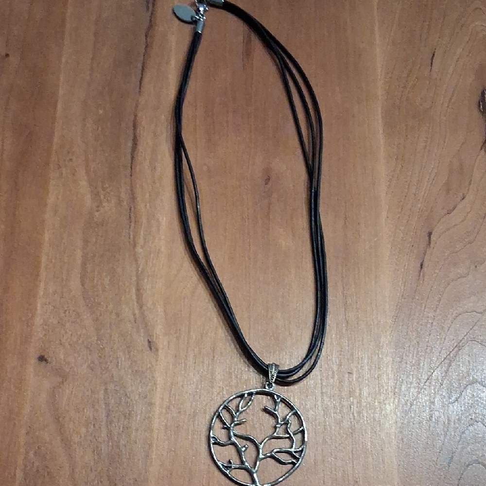 Black Cord Necklace with Silver Tree Pendant 14"
